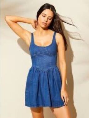 Gianni Bini Violet Scoop Neck Sleeveless Stretch Denim A-Line Mini Dress